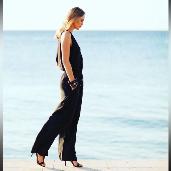 Sea Lily Miami Pia Power Black 100% Silk Wide Leg Jumpsuit Size M - Picture 3 of 13